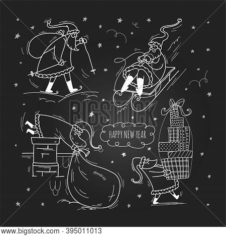 Doodle Santa Set Stories. Cheerful Santa Clauses Are Having Fun. White Outline On A Black Chalkboard