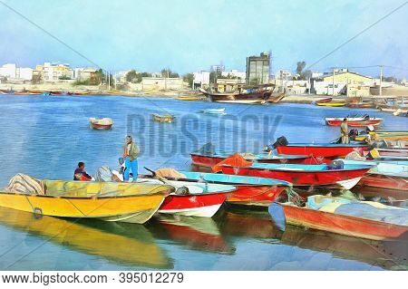 Traditional Persian Gulf Bandari Ships Colorful Painting Looks Like Picture
