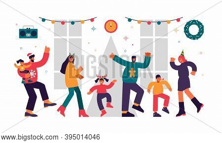 Children And Adults New Year Joint Party Illustration. Happy Male And Female Characters Dance With T