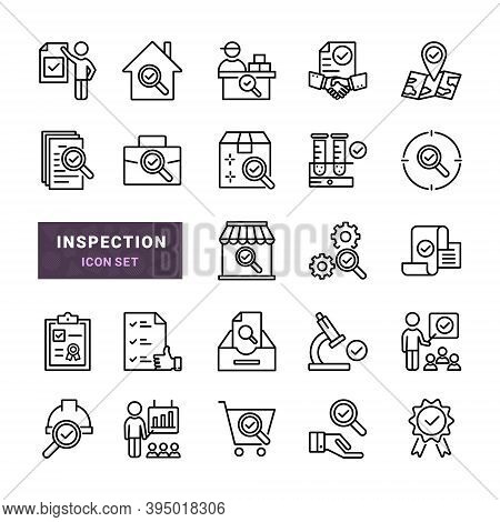 Set Of Inspection Vector Line Icons. Includes Such Icons As Verification, Control, Analysis And Rese