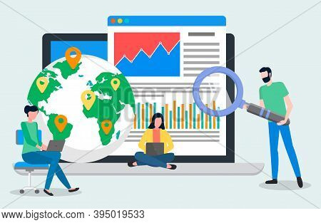 World Performance Business Concept. People Working With Presentation On Laptop With Statistical Indi