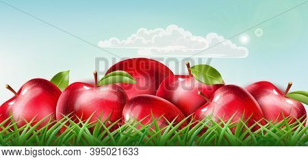 Pile Of Red Apples Laid Down On The Grass With Clouds Floating On Sunny Sky. Realistic 3d Mockup Pro