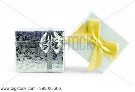White Square Gift Box With Ribbon And Bow Isolated On Background
