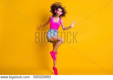 Full Length Photo Of Charming Curly Lady Jumping Dancing Students Party Delighted Listen Earphones M