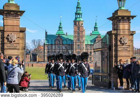 Copenhagen, Denmark-march 2018.people Watching The Danish Royal Guard March From Rosenborg Castle To