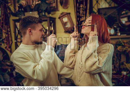 Fun. Smiling Family, Caucasian Couple Looking For Home Decoration And Holidays Gifts In Household St