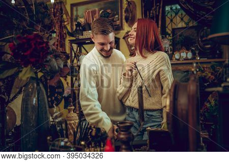 Fun. Smiling Family, Caucasian Couple Looking For Home Decoration And Holidays Gifts In Household St