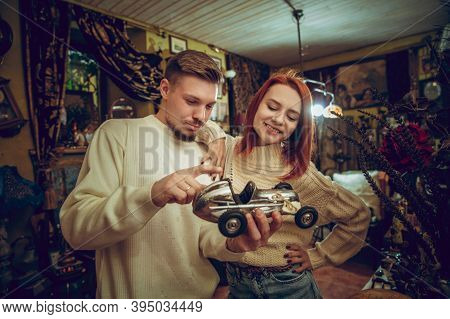 Car. Smiling Family, Caucasian Couple Looking For Home Decoration And Holidays Gifts In Household St