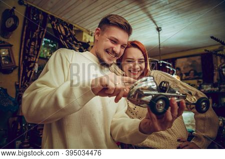 Car. Smiling Family, Caucasian Couple Looking For Home Decoration And Holidays Gifts In Household St