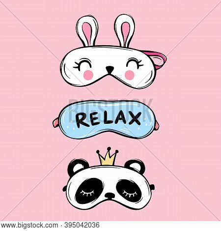 Vector Sleep Masks Collection. Blindfold Classic And Animal Shaped Panda With Crown, White Bunny.