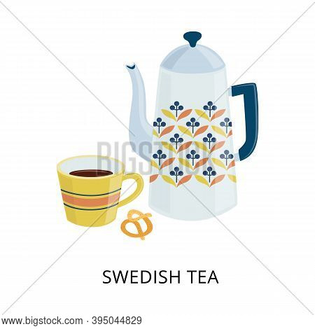 Swedish Teatime Or Fika Card With Cup And Teapot, Flat Vector Illustration.