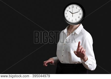 Time Management With Alarm Clock Headed Woman In White Blouse Points Her Finger At You Or Something,