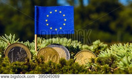 European Union Flag With Euro Coins Amid Moss,business,finance And Economy Concept,macro Close Up