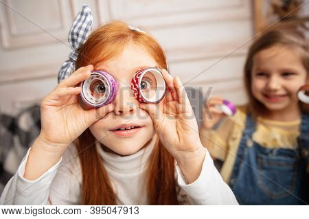 Having Fun. Two Little Children, Girls Together In Creativity Of The House. Happy Kids Make Handmade