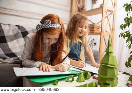 Santas Letter. Two Little Children, Girls Together In Creativity Of The House. Happy Kids Make Handm