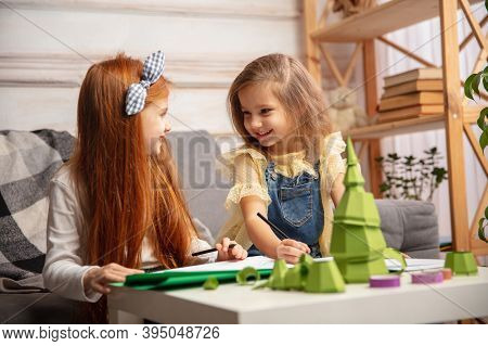 Santas Letter. Two Little Children, Girls Together In Creativity Of The House. Happy Kids Make Handm