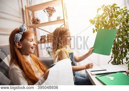 Artwork. Two Little Children, Girls Together In Creativity Of The House. Happy Kids Make Handmade To