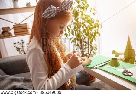 Attented. Happy Children, Girl Having Fun In Creativity Of The House. Happy Kid Makes Handmade Toys 