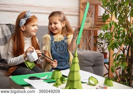 Having Fun. Two Little Children, Girls Together In Creativity Of The House. Happy Kids Make Handmade