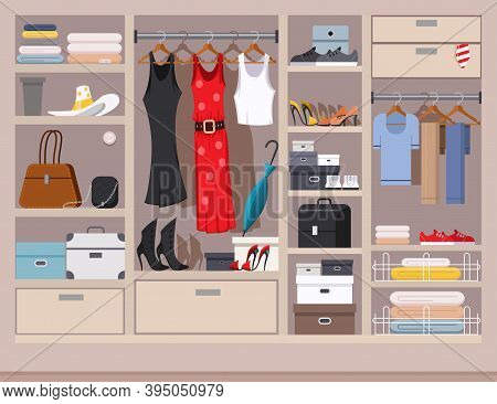 Open Wardrobe With Women's And Men's Clothing. Closet With Shelves, Hangers And Boxes. Vector Flat I