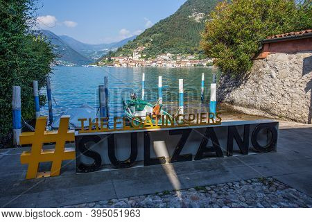 Sulzano, Italy, September 9, 2020 - View Of Monte Isola From The Town Of Sulzano, Iseo Lake, Brescia