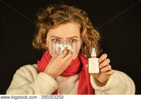 Female Health Concept. Woman With Cold Flu Use Nasal Spray. Illness Infection Concept. Contagious Re