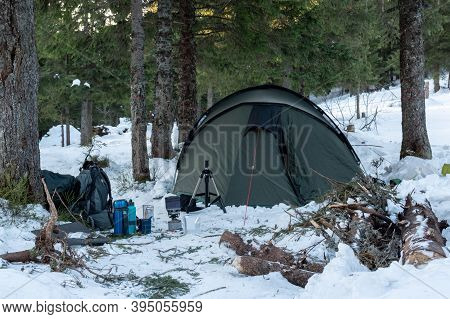 Tourist Tent In The Forest In Winter. Base Camp In The Winter In The Forest.