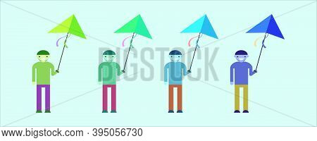 Boy Flying Kite. Cartoon Icon Design Template With Various Models. Modern Vector Illustration Isolat