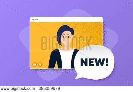 New Symbol. Video Conference Online Call. Special Offer Sign. New Arrival. Woman Character On Web Sc