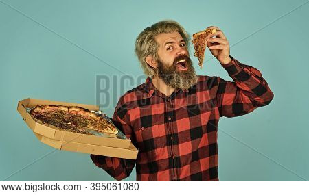 Cheesy Taste. Love At First Slice. Fresh And Hot. In Mood For Italian Food. Man Bearded Hipster Hold