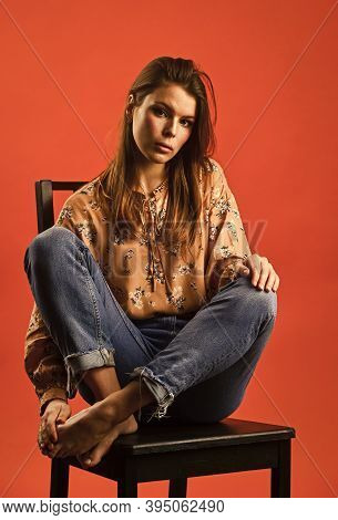 She Got Great Style. Lonely Woman Sit On Chair. Phycology. Portrait Of Woman With Beauty Face. Femal