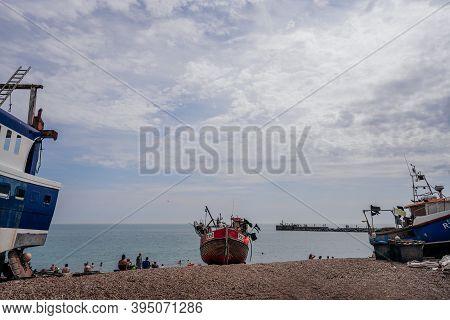 Hastings Port, East Sussex / Uk -  2020.08.08: Hastings Fishing Boats On The Beach At Rock-a-nore