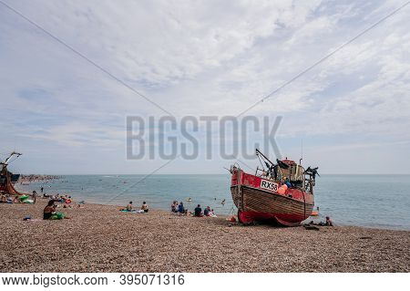 Hastings Port, East Sussex / Uk -  2020.08.08: Hastings Fishing Boats On The Beach At Rock-a-nore