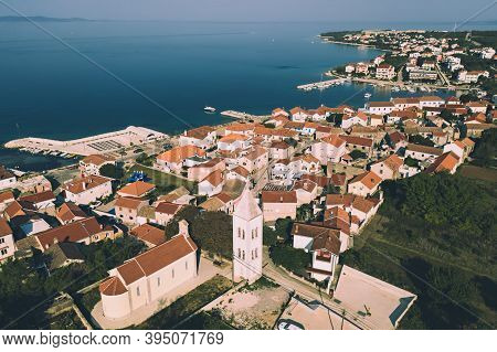 Aerial Top View Of Village Petrcane, Croatia. Touristic Background With Blue Sea And Red Roofs. Zada