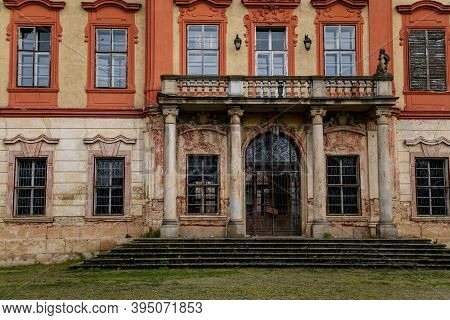 Old Abandoned Ruined Baroque Libechov Castle With Balcony In Sunny Day, Romantic Chateau Was Heavily