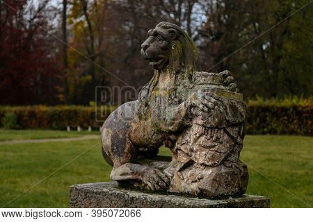 Old Abandoned Ruined Baroque Libechov Castle, Sculptures In Castle Garden, Romantic Chateau Was Heav