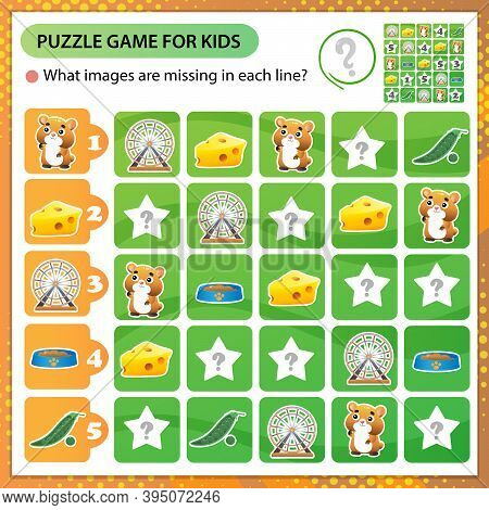 Sudoku Puzzle. What Images Are Missing In Each Line? Cartoon Hamster  With Feeder And Wheel. Pets. L
