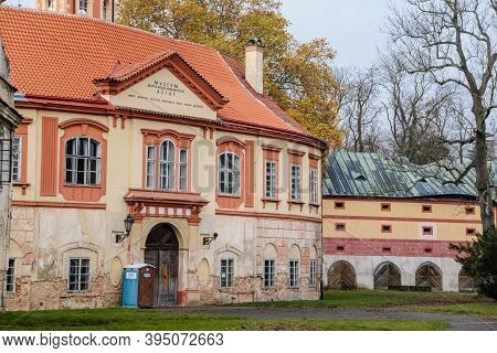 Old Abandoned Ruined Baroque Libechov Castle In Sunny Autumn Day, Romantic Chateau Was Heavily Damag