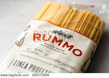 Rome, Italy, November 15th 2020: The Rummo Logo Printed On The Transparent Package Of Spaghetti Past