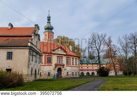 Old Abandoned Ruined Baroque Libechov Castle In Sunny Autumn Day, Romantic Chateau Was Heavily Damag