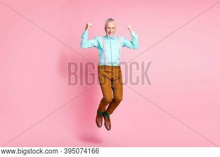 Full Length Body Size Photo Of Smiling Granddaddy Jumping High Gesturing Like Winner Isolated On Pin