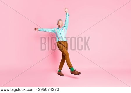 Full Length Body Size Photo Of Granddaddy Fooling Dancing Pointing Up Smiling Wearing Bowtie Isolate
