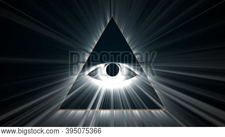Mason Symbolism All Seeing Eye, Computer Generated. 3d Rendering Of Radiant Delta On Dark Background