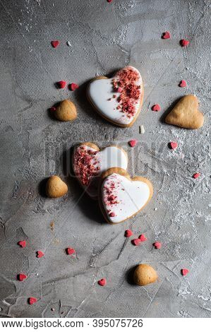 Cookies Heart With Icing On A Fabric Background