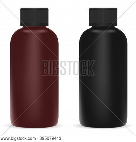 Black And Brown Cosmetic Bottle. Plastic Shampoo Container Mockup. Vector Package For Beauty Product