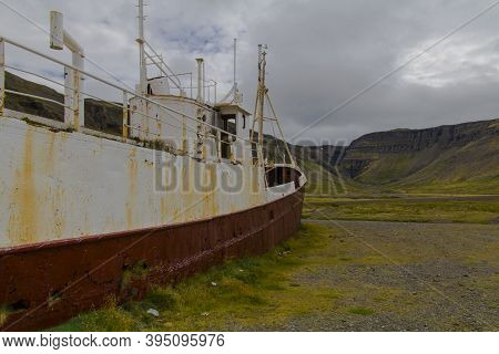 An Out-of-the-way Whaling Ship That Rusts On The Road To Látrabjarg On A Dead Cloudy Day. The Shipwr