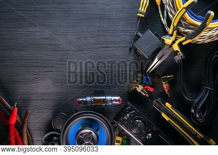 Car Audio Stereo Equipment Flat Lay Background With Copy Space.