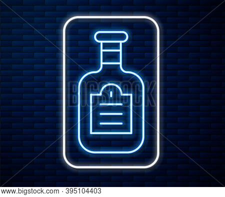 Glowing Neon Line Sauce Bottle Icon Isolated On Brick Wall Background. Ketchup, Mustard And Mayonnai