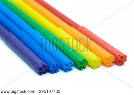 Colored Felt-tip Pens Isolated On White Background. Close-up Colored Markers On White. Drawing Conce