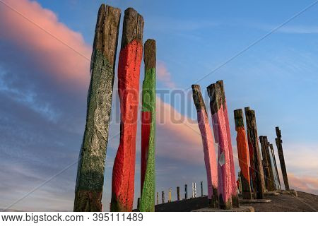 Bottrop, Germany - December 31, 2020: Totems On Haniel Tip, Landmark Of Ruhr Metropolis Against Rain